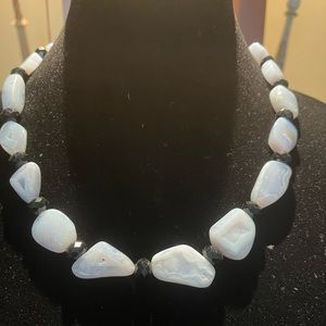 Blue lace agate with black beads necklace Handmade 20”